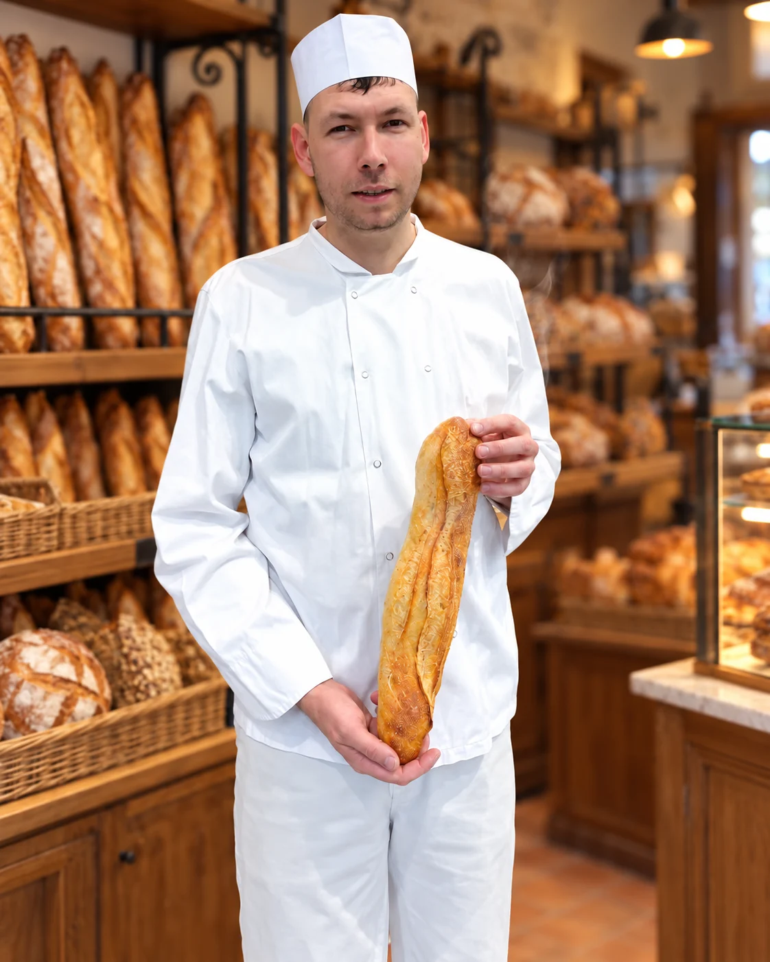 Jordan Martin, boulanger, tenant une baguette dans une boulangerie